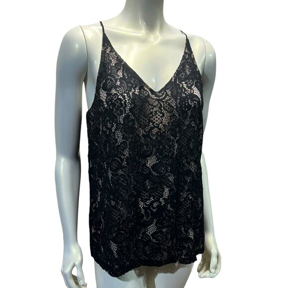 LOFT Black Lace Tank Top Nude Liner Camisole Spaghetti Strap Size M - Picture 8 of 12